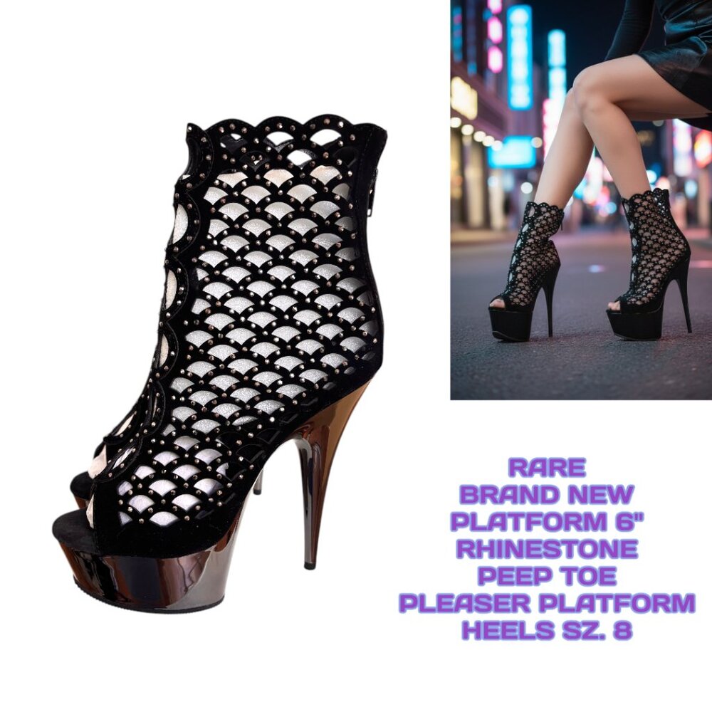 RARE BLACK RHINESTONE CRYSTAL 6" CAGED PEEP TOE GLAM PLEASER HEELS SZ. 8‎ NEW
